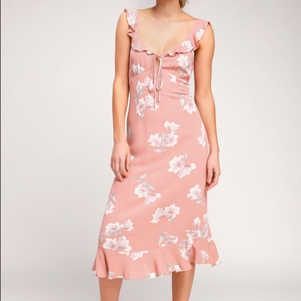 NWT LULUS Blush Floral Print Tie-Front Midi Dress - Picture 3 of 7